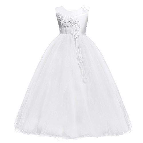 IWEMEK Mädchen Kinder Tüll Blume Kleider Blumenmädchenkleider Hochzeitskleid Brautjungfern Kleid Prinzessin Hochzeit Abendkleid Geburtstag Langes Kleid Festzug Cocktailkleid Ballkleid Weiß von IWEMEK