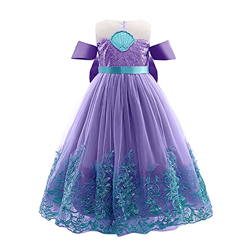 IWEMEK Mädchen Kleine Meerjungfrau Ariel Kostüm Prinzessin Kleid mit Zubehör Kinder Märchen Cosplay Weihnachten Halloween Karneval Verkleidung Kostüme Party Outfits Violett Muschel 7-8 Jahre von IWEMEK