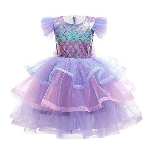 IWEMEK Mädchen Kleine Meerjungfrau Ariel Kostüm Prinzessin Kleid mit Zubehör Kinder Märchen Cosplay Weihnachten Halloween Karneval Verkleidung Kostüme Party Outfits Violett Rüsche 4-5 Jahre von IWEMEK