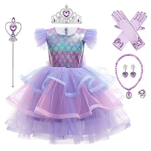 IWEMEK Mädchen Kleine Meerjungfrau Ariel Kostüm Prinzessin Kleid mit Zubehör Kinder Märchen Cosplay Weihnachten Halloween Karneval Verkleidung Kostüme Party Outfits Violett Rüsche Set 4-5 Jahre von IWEMEK