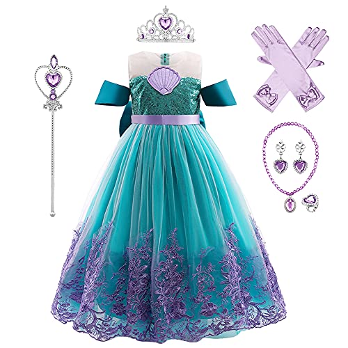 IWEMEK Mädchen Kleine Meerjungfrau Arielle Kostüm Fischfreunde Prinzessin Kleid mit Zubehör für Kinder Feen, Cosplay Halloween Karneval Verkleidung Partykleider, Grünes Set, 7-8 Jahre von IWEMEK