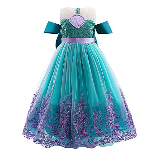 IWEMEK Mädchen Kleine Meerjungfrau Arielle Kostüm Fischfreunde Prinzessin Kleid mit Zubehör für Kinder Feen, Cosplay Halloween Karneval Verkleidung Partykleider, grün, 7-8 Jahre von IWEMEK