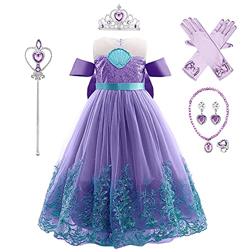 IWEMEK Mädchen Kleine Meerjungfrau Arielle Kostüm Fischmärchen Prinzessin Kleid mit Zubehör Kinder Märchen Halloween Karneval Kostüme Partykleider Lila Muschel Set 7-8 Jahre von IWEMEK