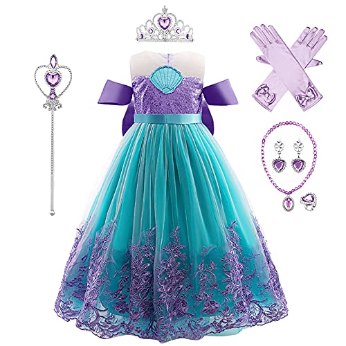 IWEMEK Mädchen Kleine Meerjungfrau Arielle Kostüm Fischmärchen Prinzessin Kleid mit Zubehör Kinder Märchen Halloween Karneval Kostüme Partykleider Lila Schleife Set 4-5 Jahre von IWEMEK