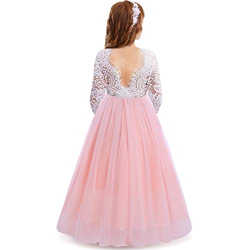 IWEMEK Mädchen Maxi Lange Ärmel V-Rücken Spitze Tüllkleid Blumenmädchen Brautjungfer Hochzeitskleid Prinzessin Partykleid Kommunionskleider Geburtstagstag Abendkleid Kinder Ballkleid Rosa 5-6 Jahre von IWEMEK