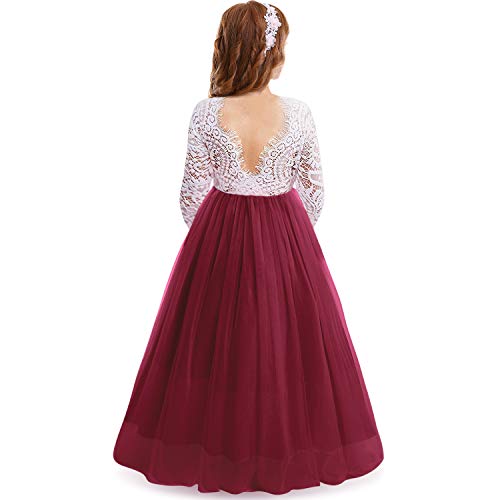IWEMEK Mädchen Maxi Lange Ärmel V-Rücken Spitze Tüllkleid Blumenmädchen Brautjungfer Hochzeitskleid Prinzessin Partykleid Kommunionskleider Geburtstagstag Abendkleid Kinder Ballkleid Weinrot 5-6 von IWEMEK