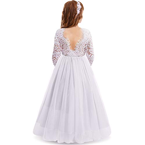 IWEMEK Mädchen Maxi Lange Ärmel V-Rücken Spitze Tüllkleid Blumenmädchen Brautjungfer Hochzeitskleid Prinzessin Partykleid Kommunionskleider Geburtstagstag Abendkleid Kinder Ballkleid Weiß 2-3 Jahre von IWEMEK