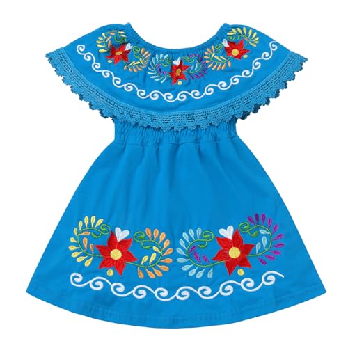 IWEMEK Mädchen Mexikanisches Kleid Volant Schulterfreie Blumen Stickerei Knielange A-Linie Sommer Boho Beach Freizeitkleid Cinco de Mayo Halloween Karneval Festzug Partykleid Blau 2-3 Jahre von IWEMEK