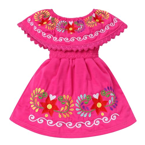 IWEMEK Mädchen Mexikanisches Kleid Volant Schulterfreie Blumen Stickerei Knielange A-Linie Sommer Boho Beach Freizeitkleid Cinco de Mayo Halloween Karneval Festzug Partykleid Rose 3-4 Jahre von IWEMEK