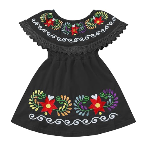 IWEMEK Mädchen Mexikanisches Kleid Volant Schulterfreie Blumen Stickerei Knielange A-Linie Sommer Boho Beach Freizeitkleid Cinco de Mayo Halloween Karneval Festzug Partykleid Schwarz 2-3 Jahre von IWEMEK