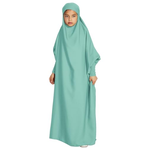 IWEMEK Mädchen Muslimische Kleid Einteiliges Kaftan Abaya Mit Hijab Satin Fledermausärmel Maxikleid Gebetskleid Jilbab Ramadan Arabische Islamisches Gebetskleidung Für Kinder Hellgrün 8-9 Jahre von IWEMEK