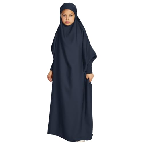 IWEMEK Mädchen Muslimische Kleid Einteiliges Kaftan Abaya Mit Hijab Satin Fledermausärmel Maxikleid Gebetskleid Jilbab Ramadan Arabische Islamisches Gebetskleidung Für Kinder Marineblau 11-12 Jahre von IWEMEK