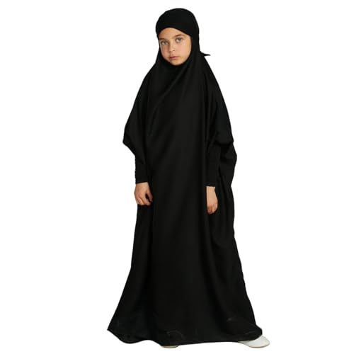 IWEMEK Mädchen Muslimische Kleid Einteiliges Kaftan Abaya Mit Hijab Satin Fledermausärmel Maxikleid Gebetskleid Jilbab Ramadan Arabische Islamisches Gebetskleidung Für Kinder Schwarz 11-12 Jahre von IWEMEK