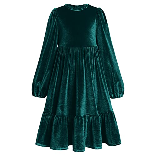 IWEMEK Mädchen Samt Langarm Freizeitkleid Party Kleider Knielang A-Linie Rüschen Skaterkleid Weihnachten Osterferien Schule Tanz Ballkleid Frühling Herbst Winter Kleider Dunkelgrün 11-12 Jahre von IWEMEK