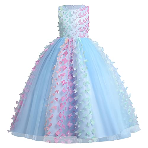 IWEMEK Mädchen Schmetterling Regenbogen Tutu Tüll Prinzessinenkleid Ärmellos Lang Brautjungfer Hochzeitkleid Kinder Erstkommunion Abendkleid Festzug Geburtstag Taufkleid Ballkleid Blau 9-10 Jahre von IWEMEK