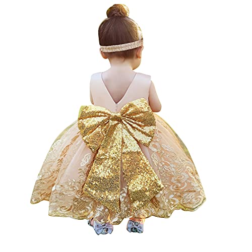 IWEMEK Mädchen Stickerei Blume Spitze Tüllkleid Ärmellose V-Rücken Pailletten Bowknot Prinzessinkleid Brautjungfer Hochzeit Feierliche Party Geburtstag Kommunion Taufekleid #A: Champagner 6-12 Monate von IWEMEK