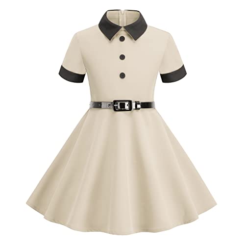 IWEMEK Mädchen Vintage 40er 50er Jahre Kleid Turndown Kragen Knöpfe Dekor 1950er Rockabilly Swing Kleid Geburtstag Hochzeit Brautjungfer Kommunion Kinder Party Abendkleid Aprikose 5-6 Jahre von IWEMEK