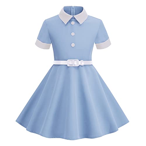 IWEMEK Mädchen Vintage 40er 50er Jahre Kleid Turndown Kragen Knöpfe Dekor 1950er Rockabilly Swing Kleid Geburtstag Hochzeit Brautjungfer Kommunion Kinder Party Abendkleid Blau 7-8 Jahre von IWEMEK