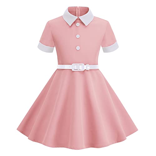 IWEMEK Mädchen Vintage 40er 50er Jahre Kleid Turndown Kragen Knöpfe Dekor 1950er Rockabilly Swing Kleid Geburtstag Hochzeit Brautjungfer Kommunion Kinder Party Abendkleid Rosa 4-5 Jahre von IWEMEK