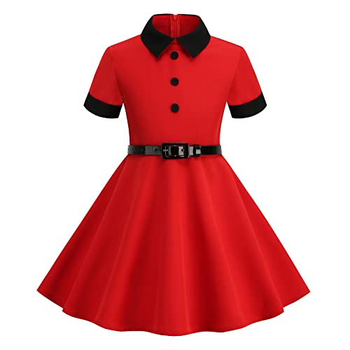 IWEMEK Mädchen Vintage 40er 50er Jahre Kleid Turndown Kragen Knöpfe Dekor 1950er Rockabilly Swing Kleid Geburtstag Hochzeit Brautjungfer Kommunion Kinder Party Abendkleid Rot 7-8 Jahre von IWEMEK