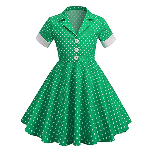 IWEMEK Mädchen Vintage 50er Jahre Rockabilly Kleid Notch-Kragen Kurzarm Polka Dots A-Linie Knopf Hemdkleid Festliches Abendkleider Partykleid Ballkleid Hochzeitskleider Sommerkleid Grün 9-10 Jahre von IWEMEK