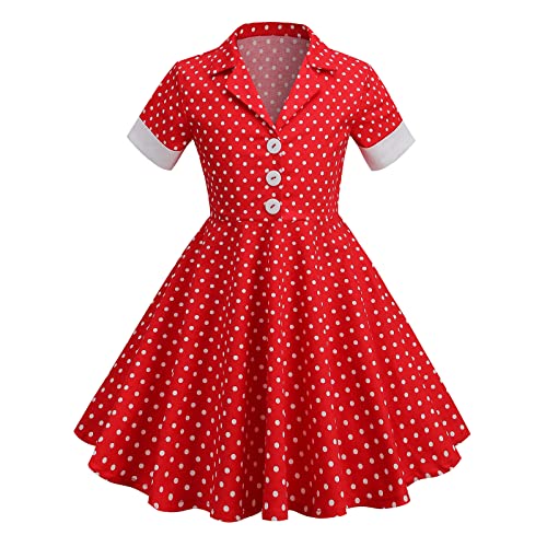 IWEMEK Mädchen Vintage 50er Jahre Rockabilly Kleid Notch-Kragen Kurzarm Polka Dots A-Linie Knopf Hemdkleid Festliches Abendkleider Partykleid Ballkleid Hochzeitskleider Sommerkleid Rot 9-10 Jahre von IWEMEK