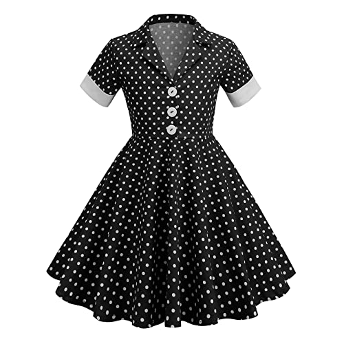 IWEMEK Mädchen Vintage 50er Jahre Rockabilly Kleid Notch-Kragen Kurzarm Polka Dots A-Linie Knopf Hemdkleid Festliches Abendkleider Partykleid Ballkleid Hochzeitskleider Sommerkleid Schwarz 9-10 Jahre von IWEMEK