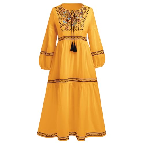 IWEMEK Mexikanisches besticktes Langarm-Maxikleid für Damen, traditionelles mexikanisches Stickkleid, Kordelzug, Blumendruck, langes Kleid, gelb, Einheitsgröße von IWEMEK