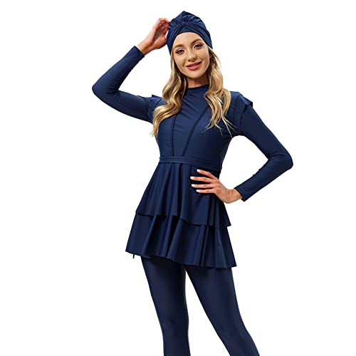 IWEMEK Muslimische Badeanzug Damen Modest Burkini Lang Bademode 3 Stück Ganzkörper Langarm Islamische Arabische UV Schutz Beachwear Surfen Anzug Top + Hose + Hijab Schwimmhaube #Blau M von IWEMEK