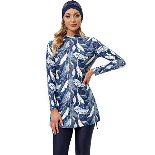 IWEMEK Muslimische Badeanzug Damen Modest Burkini Lang Bademode 3 Stück Ganzkörper Langarm Islamische Arabische UV Schutz Beachwear Surfen Anzug Top + Hose + Hijab Schwimmhaube #Blau Weiß L von IWEMEK