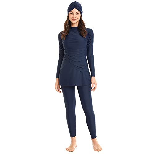 IWEMEK Muslimische Badeanzug Damen Modest Burkini Lang Bademode 3 Stück Ganzkörper Langarm Islamische Arabische UV Schutz Beachwear Surfen Anzug Top + Hose + Hijab Schwimmhaube Dunkelblau M von IWEMEK