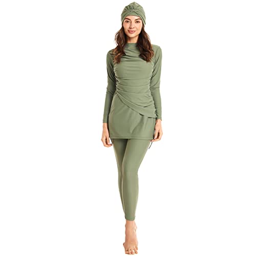 IWEMEK Muslimische Badeanzug Damen Modest Burkini Lang Bademode 3 Stück Ganzkörper Langarm Islamische Arabische UV Schutz Beachwear Surfen Anzug Top + Hose + Hijab Schwimmhaube Grün 2XL von IWEMEK