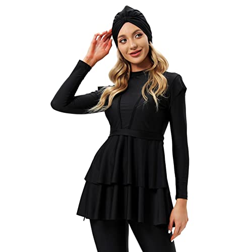 IWEMEK Muslimische Badeanzug Damen Modest Burkini Lang Bademode 3 Stück Ganzkörper Langarm Islamische Arabische UV Schutz Beachwear Surfen Anzug Top + Hose + Hijab Schwimmhaube #Schwarz 4XL von IWEMEK