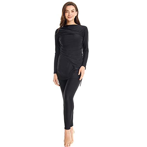 IWEMEK Muslimische Badeanzug Damen Modest Burkini Lang Bademode 3 Stück Ganzkörper Langarm Islamische Arabische UV Schutz Beachwear Surfen Anzug Top + Hose + Hijab Schwimmhaube Schwarz M von IWEMEK