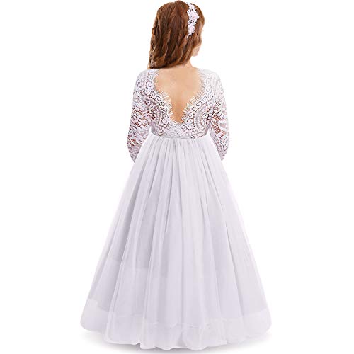 IWEMEK Neckholder V-Back Spitze Tüll Maxi Kleid Langarm Mädchen Hochzeit Brautjungfer Ballkleider Erstkommunion Abend Geburtstag Party Kleider für Kinder, weiß, 11-12 Jahre von IWEMEK