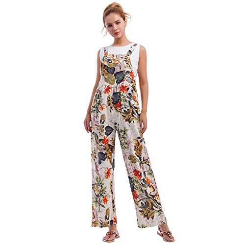 IWEMEK Overall Jumpsuit Damen Sommer Latzhose Elegant Festlich Strampler für Hochzeit Lang Romper Ärmellos Druck Sommerhose mit Träger Loose Bib Playsuit mit Taschen gelb S von IWEMEK