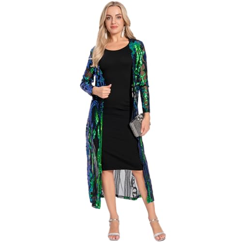 IWEMEK Pailletten Cardigan Damen Lang Strickjacke mit Glitzer, Langarm Mantel Elegant für Party, Fasching und Karneval, Abendkleid Begleitung, Frühling Herbst Maxi Offnen Jacke Überwurf von IWEMEK
