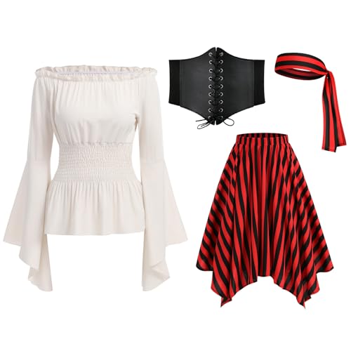 IWEMEK Piratenkleid Damen mit Korsett Lang Piratin Kost�m Kopftuch Gestreifte Rock Mittelalter Piratenkost�m Kurz Gothic Kleid Renaissance Piraten Off Shoulder A-Linie-Kleid f�r Karneval wei� S von IWEMEK