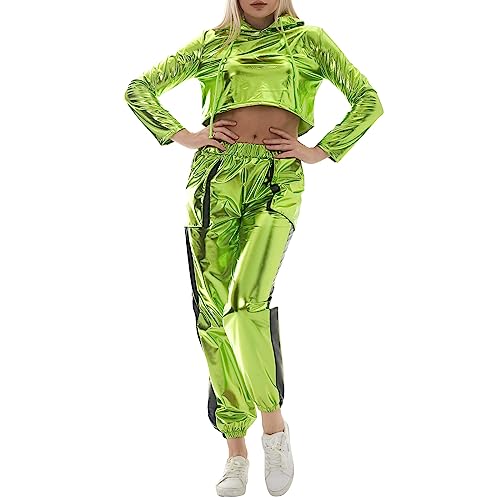 IWEMEK Rave Outfits Damen Metallic Top Glitzer Hose Trainingsanzug Glänzend Hohe Taille Jogginghose Lack Leder Oberteil 80er 90er Fasching Festival Party Disco Hip Hop Kostüm #A: Grün S von IWEMEK