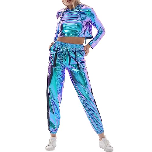 IWEMEK Rave Outfits Damen Metallic Top Glitzer Hose Trainingsanzug Glänzend Hohe Taille Jogginghose Lack Leder Oberteil 80er 90er Fasching Festival Party Disco Hip Hop Kostüm #A: Laser Blau M von IWEMEK