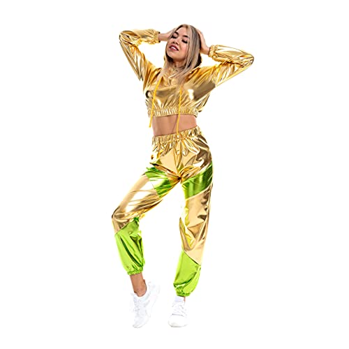 IWEMEK Rave Outfits Damen Metallic Top Glitzer Hose Trainingsanzug Glänzend Hohe Taille Jogginghose Lack Leder Oberteil 80er 90er Fasching Festival Party Disco Hip Hop Kostüm Clubwear Gold L von IWEMEK