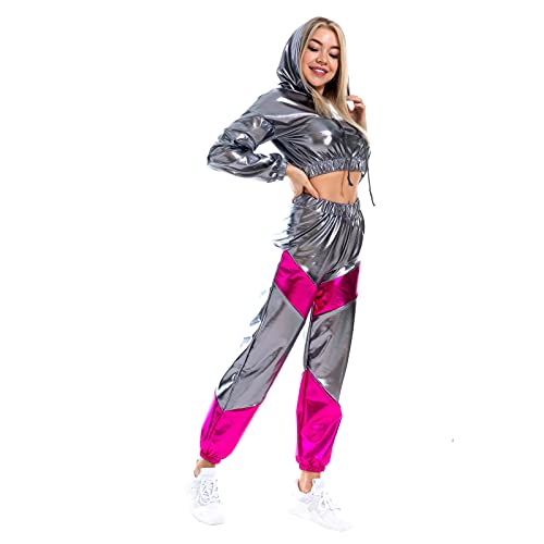 IWEMEK Rave Outfits Damen Metallic Top Glitzer Hose Trainingsanzug Glänzend Hohe Taille Jogginghose Lack Leder Oberteil 80er 90er Fasching Festival Party Disco Hip Hop Kostüm Clubwear Grau M von IWEMEK