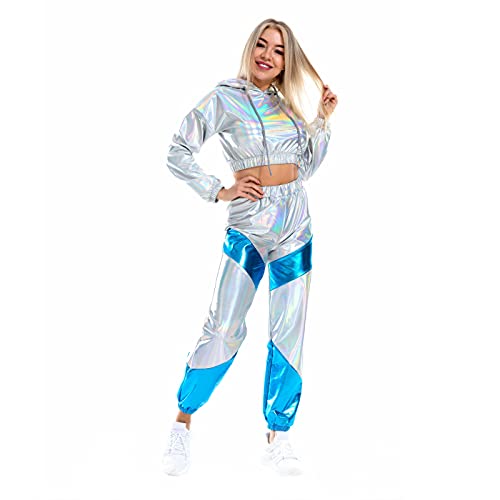 IWEMEK Rave Outfits Damen Metallic Top Glitzer Hose Trainingsanzug Glänzend Hohe Taille Jogginghose Lack Leder Oberteil 80er 90er Fasching Party Disco Hip Hop Kostüm Clubwear Leser Silber + Blau L von IWEMEK