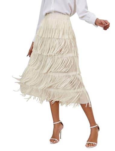 IWEMEK Rock mit Fransen Lang Damen Fransenrock Festival Röcke für Damen Sommer Herbst A-Linie Faltenrock Elastische Hohe Taille Midi-Rock Elegant Skirt Midirock für Party Club Tanz beige 均码 von IWEMEK
