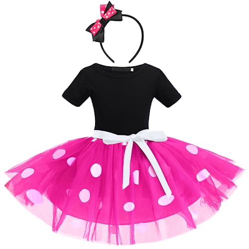 IWEMEK Säuglings Kleinkind Baby Mädchen Prinzessin Tüll Kleid Polka Dot Ballettkeider Trikot Tanzkleider Weihnachten Karneval Cosplay Kleid mit Maus Ohren Bowknot Partykleid Outfits Rosa 18-24 Monate von IWEMEK