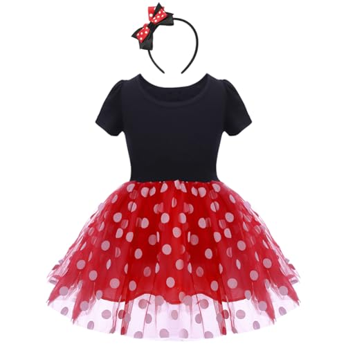 IWEMEK Säuglings Kleinkind Baby Mädchen Prinzessin Tüll Kleid Polka Dot Ballettkeider Trikot Tanzkleider Weihnachten Karneval Cosplay Kleid mit Maus Ohren Bowknot Partykleid Outfits Rot 12-18 Monate von IWEMEK