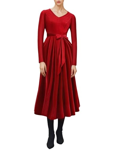 IWEMEK Samtkleid Damen Lang Kleid Audrey Hepburn Stil V-Ausschnitt Lange Ärmel Abendkleid Sexy Elegant Cocktailkleid Knielang Ballkleider Winterkleider A-Linie Samt Kleid mit Gürtel rot S von IWEMEK