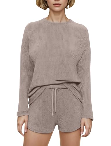 IWEMEK Schlafanzug Damen Baumwolle Waffel Pyjama Set Waffelstrick Nachtwäsche Waffelpique Homewear Set Lange ärmel Rundhals Oberteil Und Kurze Pyjamahose 2 Stück Gemütliche Sportanzug Dunkelrot XL von IWEMEK