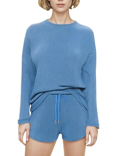 IWEMEK Schlafanzug Damen Baumwolle Waffel Pyjama Set Waffelstrick Nachtwäsche Waffelpique Homewear Set Lange ärmel Rundhals Oberteil Und Kurze Pyjamahose 2 Stück Gemütliche Sportanzug blau S von IWEMEK