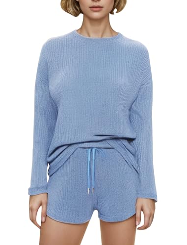 IWEMEK Schlafanzug Damen Baumwolle Waffel Pyjama Set Waffelstrick Nachtwäsche Waffelpique Homewear Set Lange ärmel Rundhals Oberteil Und Kurze Pyjamahose 2 Stück Gemütliche Sportanzug schwarz S von IWEMEK